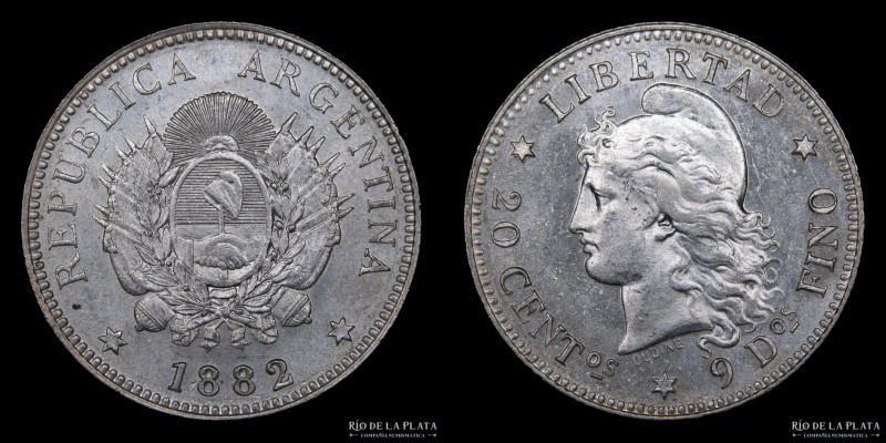 Argentina. 20 Centavos 1882. AG.900, 23.3mm; 5.00g. Buenos Aires mint. CJ 19; KM...
