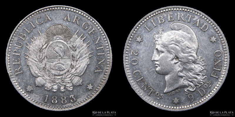 Argentina. 20 Centavos 1883. AG.900; 23.3mm; 5.00g. Buenos Aires mint. CJ 19.1; ...