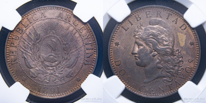 Argentina. 2 Centavos 1891. Buenos Aires mint. CU, 30.0mm; 9.85g. CJ 32; KM 33. ...