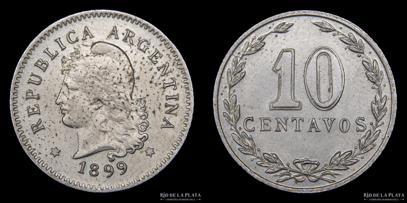 Argentina. 10 Centavos 1899. Cu-Ni; 19mm; 3g. CJ 93 (UNC) 
Estimate: USD 150-25...