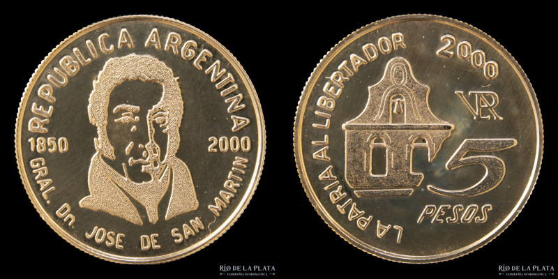 Argentina. 5 Pesos 2000. 150ª Aniversario del fallecimiento del Gral San Martín....
