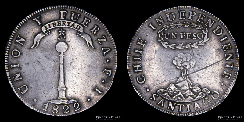 Chile. 1 Peso 1822 FJ. AG.902; 39mm; 26.32g. KM82.2 (XF-) Raya sobre volcán
Est...