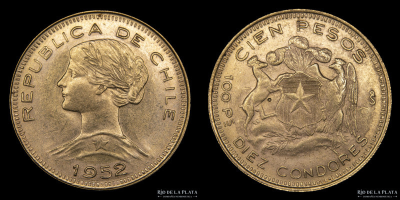 Chile. 100 Pesos 1952. 10 Condores de Oro. AU.900; 31.0mm; 20.4g. KM175 (UNC)
E...