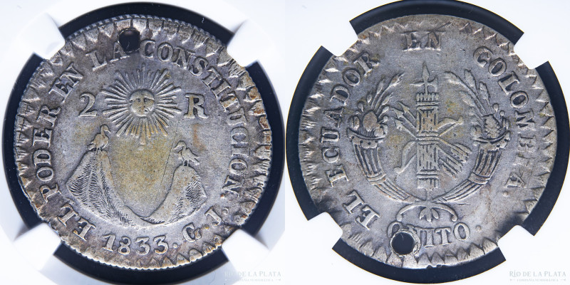 Ecuador. 2 Reales 1833 GJ. Quito. Grabador Eduardo Coronel (a partir de septiemb...