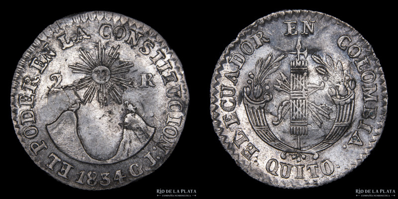 Ecuador. 2 Reales 1834 GJ. Quito. AG; 25mm; 6.01g. KM14 (aUNC) Cospel crudo con ...
