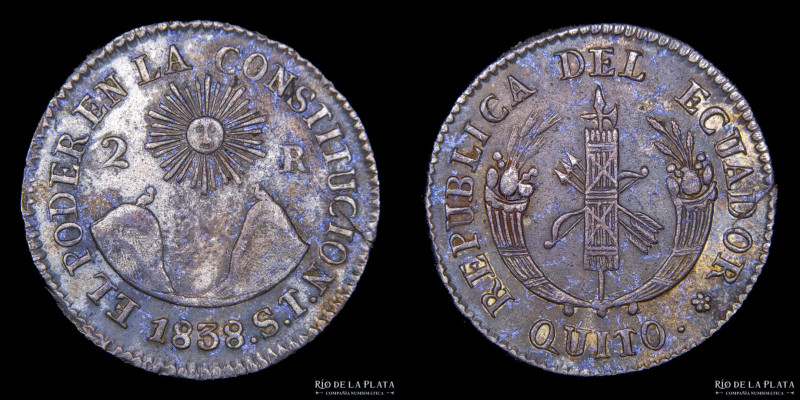 Ecuador. 2 Reales 1838 ST. Quito. AG; 25mm; 6.46g. KM14 (XF) Muy escasa, pues el...
