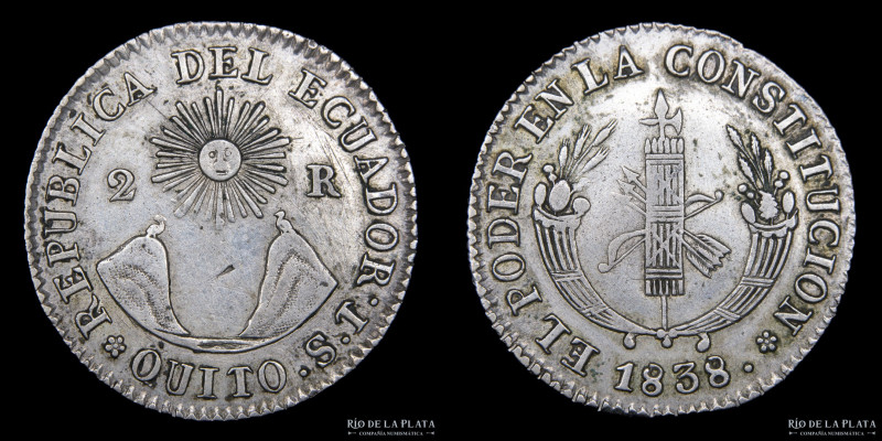 Ecuador. 2 Reales 1838 ST. Leyendas transpuestas. AG; 25mm; 5.48g. KM18 (XF) Ray...