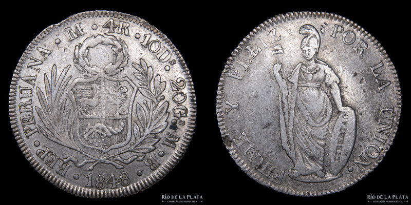Perú. 4 Reales 1848 MB. 4 sobre 4 caído. Interesante retoque de cuño. AG.903; mm...