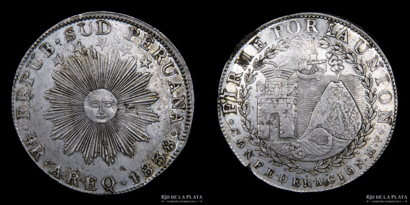 Rep. Sud Peruana. 4 Reales 1838 MV. Arequipa. AG.667; 13.66g. KM 172 (XF) Pequeñ...