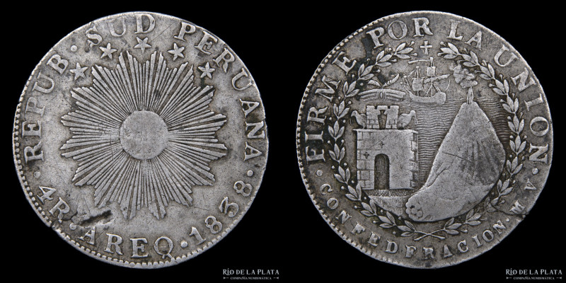 Perú. República Sud Peruana. 4 Reales 1838 M. Ceca de Arequipa. Canto parlante i...