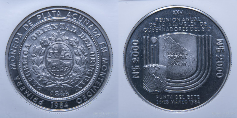 Uruguay. Ensayo. 2000 Nuevos Pesos 1984. Aluminio; 40mm. KM Pn116. Certificada p...