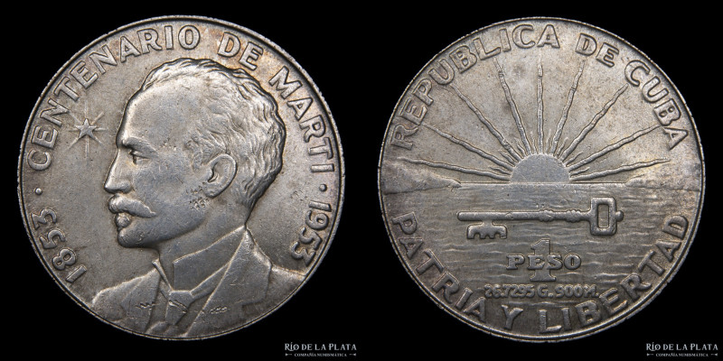 Cuba. 1 Peso 1953. "Centenario de José Martí 1853-1953". AG.900 ; 38mm ; 26.85g;...