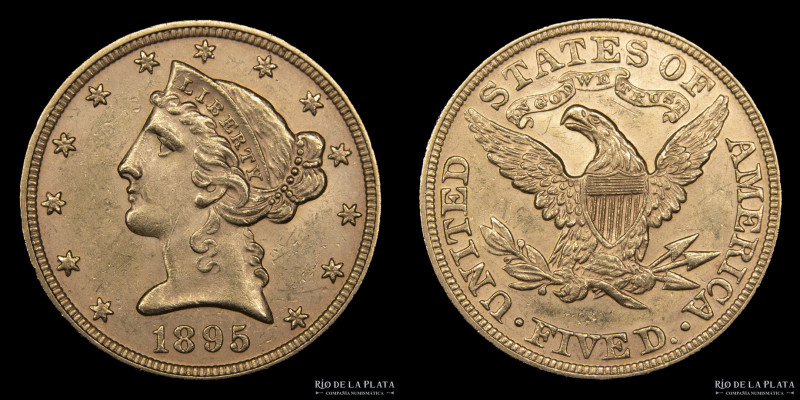 USA. 5 Dollars 1895. Coronet head with motto. Oro. AU; 21.6mm; 8.38g. KM101 (XF)...