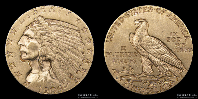 USA. 5Dollars 1909 Indian Head. Oro AU.900; 21.6mm; 8.39g. KM129 (aUNC)
Estimat...