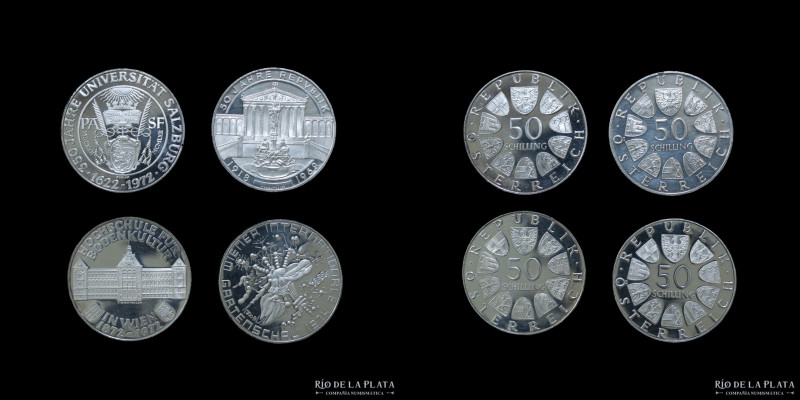 Austria. 50 Schilling 1968 a 1974. Lote x4. Conmemorativas Proof. AG.900; 33.5mm...