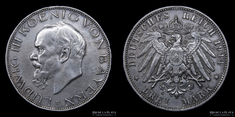 Bavaria. 3 Marks 1914 D. AG.900; 32mm; 16.57g. KM1005 (XF)
Estimate: USD 40-60