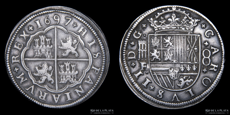 España. Carlos II. 8 Reales 1697 F. Ceca de Segovia. Hermoso ejemplar con un 8 b...