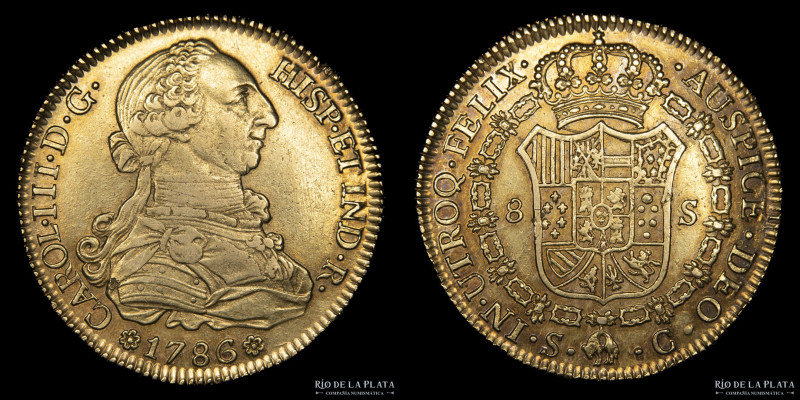 España. Carlos III. 8 Escudos 1786 SC. AU.875; 37mm; 27.02g. KM409.2a (XF)
Esti...