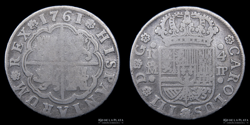 España. Carlos III. 4 Reales 1761 JP. Madrid. AG.917; 32mm; 12.45g. KM396.1 (F)...