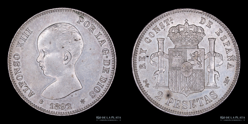 España. Alfonso XIII (1886-1931) 2 Pesetas 1892 (92) PG-M. AG.835, 27.0mm; 10.00...