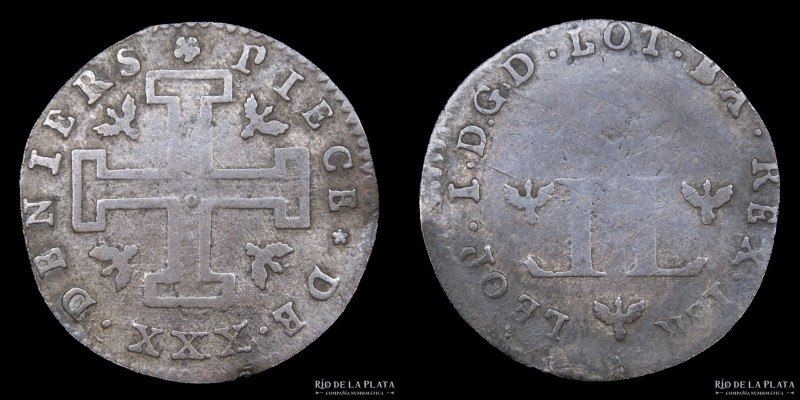 Ducado de Lorena. Leopoldo I (1679-1729). XXX Deniers ND Ceca de Nancy. AG.166; ...