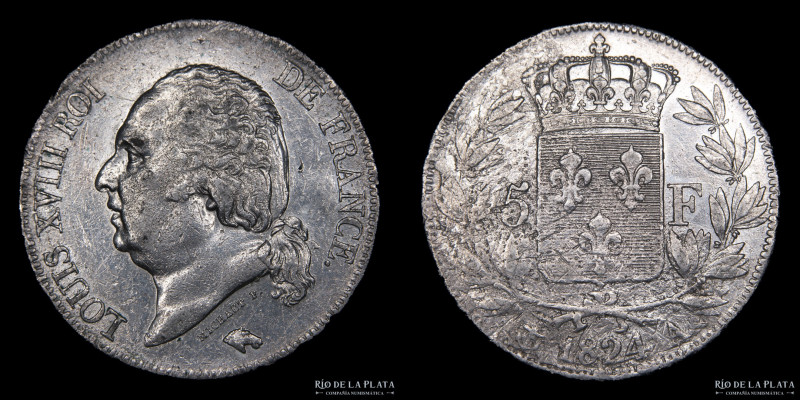 Francia. Luis XVIII (1814-1824) 5 Francs 1824 A. Ceca de Paris. AG.900; 37.2mm; ...