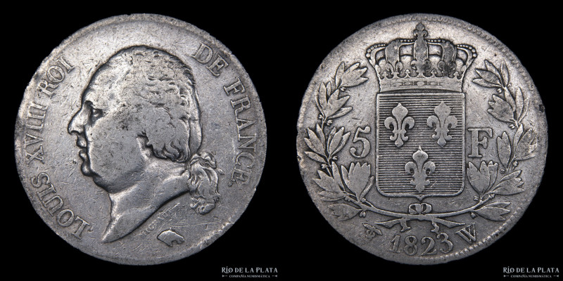 Francia. Luis XVIII (1814-1824) 5 Francs 1823 W. Ceca de Lille. AG.900; 37.2mm; ...