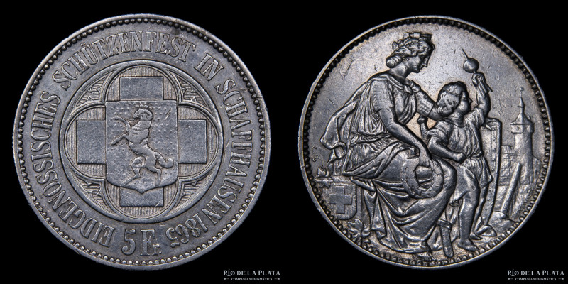 Switzerland. 5 Francs 1865. Shooting-thaler. Festival de Tiro de Schaffhausen. A...