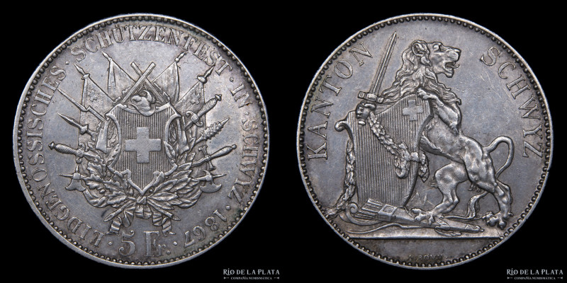 Switzerland. 5 Francs 1867. Shooting-thaler. Festival de Tiro de Schwyz. AG.835;...