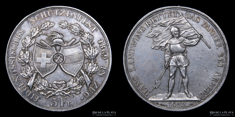 Switzerland. 5 Francs 1869. Shooting-thaler. Festival de Tiro de Zug. AG.835; 37...