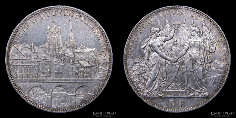 Switzerland. 5 Francs 1876. Shooting-thaler. Festival de Tiro de Lausana. AG.835...