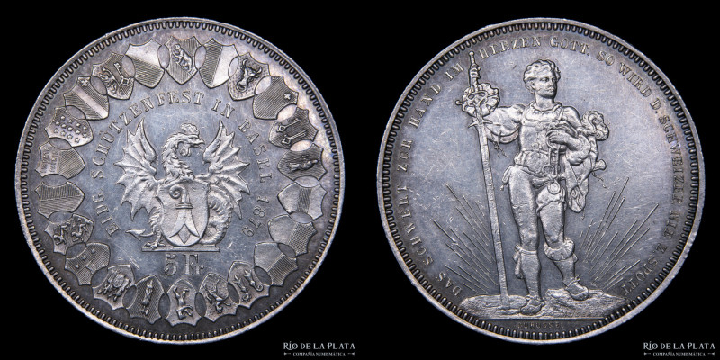Switzerland. 5 Francs 1879. Shooting-thaler. Festival de Tiro de Basel. AG.835; ...