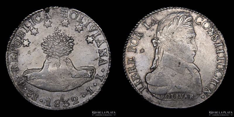 Bolivia. 8 Soles 1832 JL. Simón Bolivar. AG.903, 37.0mm; 26.76g. KM97 (XF) Limpi...