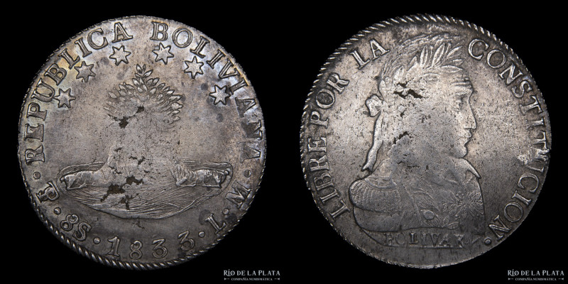 Bolivia. 8 Soles 1833 LM. Simón Bolivar. AG.903, 37.0mm; 26.65g. KM97. (VF+)
Es...