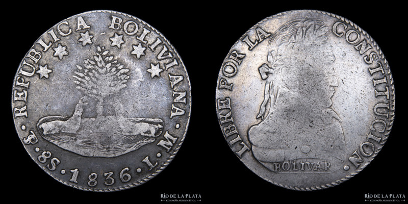 Bolivia. 8 Soles 1836/5 LM. Simón Bolivar. AG.903, 37.0mm; 27.76g. KM97 (F+
Est...