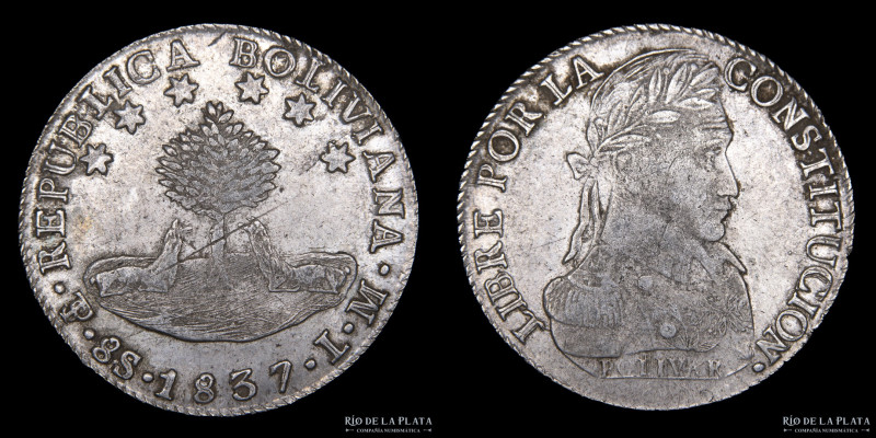 Bolivia. 8 Soles 1837 LM. Simón Bolivar. AG.903, 37.0mm; 27.05g. KM97 (VF)
Esti...