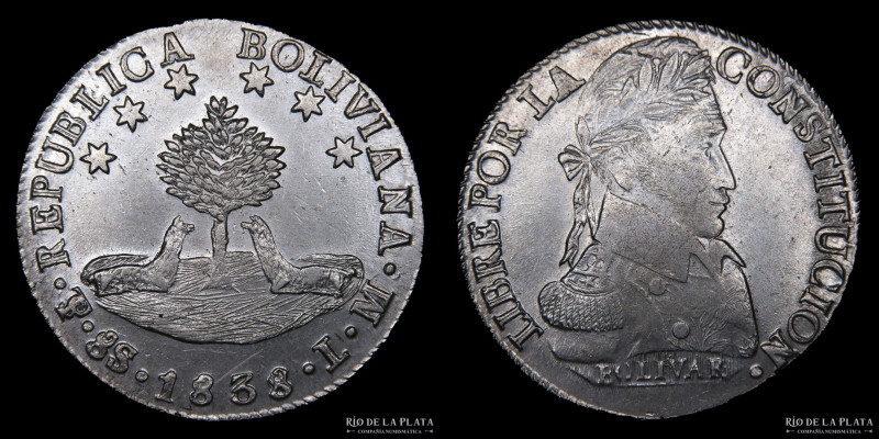 Bolivia. 8 Soles 1838 LM. Simón Bolivar. AG.903, 37.0mm; 26.90g. KM97 (XF+)
Est...