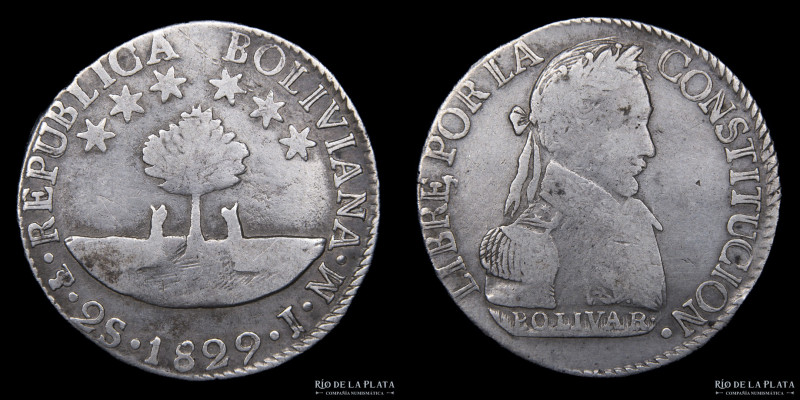 Bolivia. 2 Soles 1829 / Sueldos JM. AG.903; 25mm; 6.55g. Muy escasa. KM95 (VF)
...