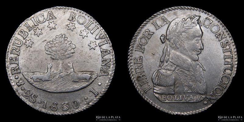 Bolivia. 2 Soles 1830 J. AG.667; 25mm; 6.68g. Muy escasa. KM95a (XF+) Limpiada, ...