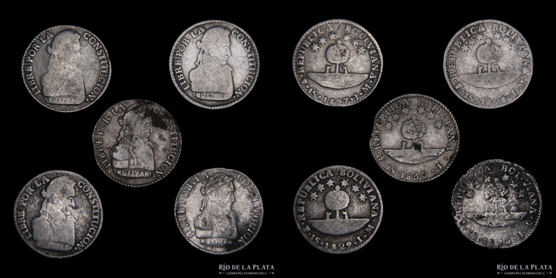 Bolivia. 1 Sol 1827 a 1830. Lote x5. Incluye escasas, incluye 1830 J y años esca...