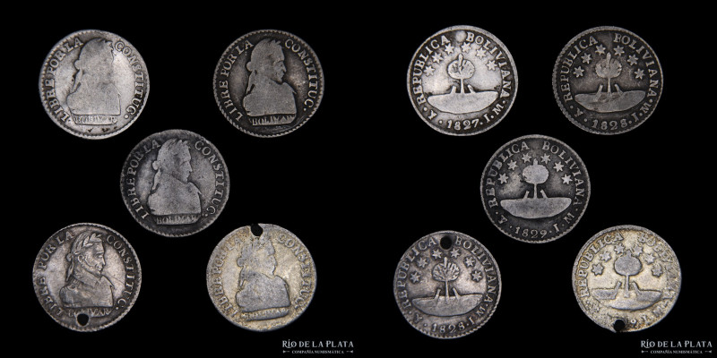 Bolivia. 1/2 Sol 1827 a 1829. Lote x5. A clasificar. Incluye sobrefecha. Plata
...