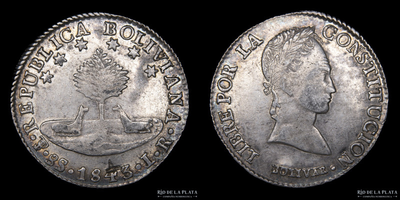 Bolivia. 8 Soles 1843/2 LR. Simón Bolivar. Chop sobre fecha. AG.903, 37.0mm; 27....