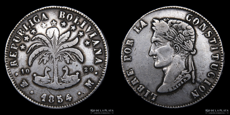 Bolivia. 8 Soles 1854 M. Simón Bolivar. AG.903, 37.0mm; 26.86g. KM112.1 (VF) 
E...