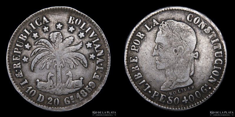 Bolivia. 8 Soles 1859 FJ. Sin punto. AG.903, 35.0mm; 18.67g. KM138.3 (VF)
Estim...