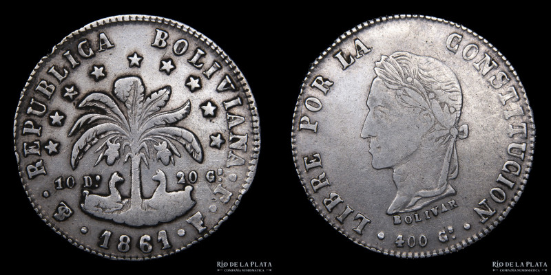 Bolivia. 8 Soles 1861 FJ. Texto "Bolivar" en forma curva acompañando el busto. S...