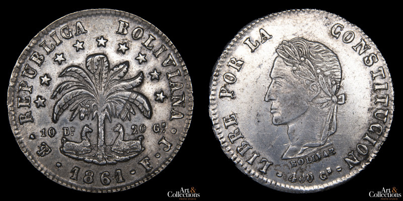 Bolivia. 8 Soles 1861 FJ. Simón Bolivar. AG.903, 34.0mm; 19.99g. KM138.6 (XF)
E...