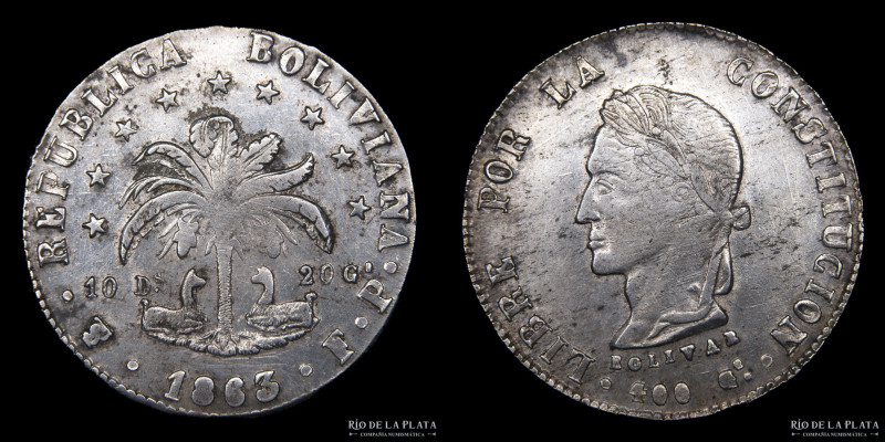 Bolivia. 8 Soles 1863 FP. Simón Bolivar. AG.903, 34.0mm; 20.0g. KM138.6 (VF+)
E...