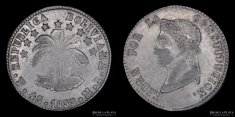 Bolivia. 4 Soles 1855 MJ. AG.667; 32mm; 13.60g. KM123.2 (VF+)
Estimate: USD 20-...