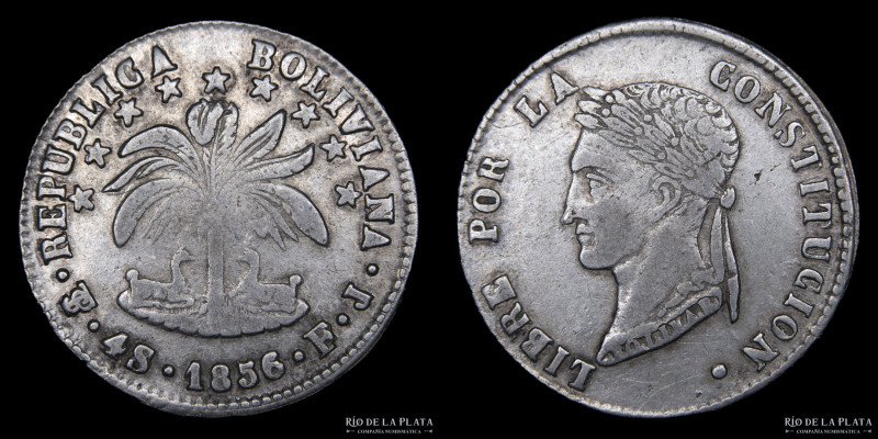 Bolivia. 4 Soles 1856/5 FJ. AG.667; 32mm; 12.80g. KM123.2 (XF+) Hairlines
Estim...