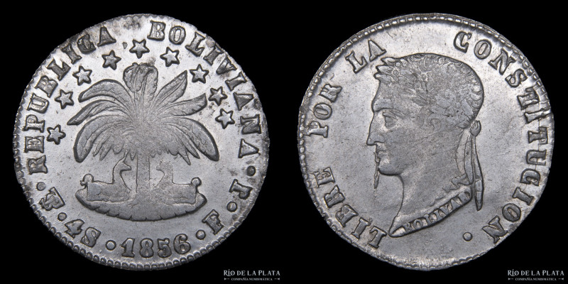 Bolivia. 4 Soles 1856 FJ. AG.667; 32mm; 13.52g. KM123.2 (XF+) Hairlines
Estimat...